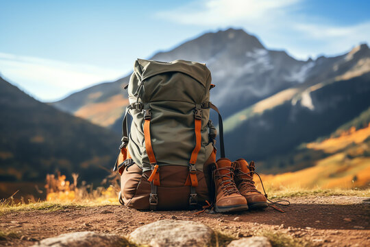 backpack and hiking shoes in the mountain, hiker symbol, AI generated