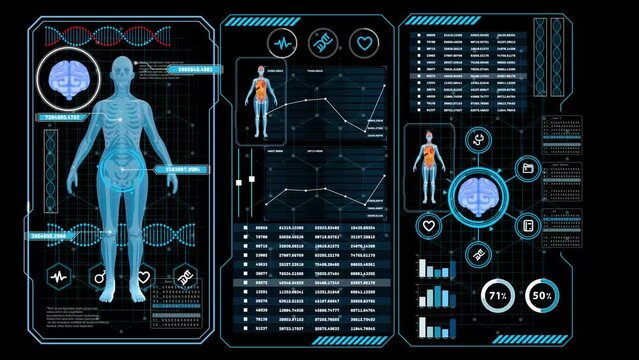 Medical user interface. Futuristic medicine infographics and health technology HUD elements in motion. Using artificial intelligence, medical data is analyzed and displayed on a holographic screen.