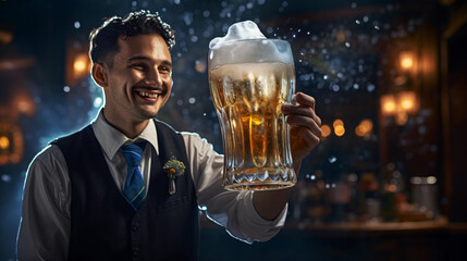 Waiter serving a frozen glass of draft beer - obrazy, fototapety, plakaty