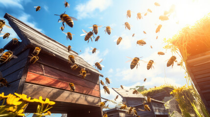 Swarm of bees against a blue sky and a wooden hive box. Bee apiary, honey farm. The industry of production of farm natural honey.
