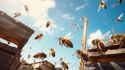 Swarm of bees against a blue sky and a wooden hive box. Bee apiary, honey farm. The industry of production of farm natural honey.