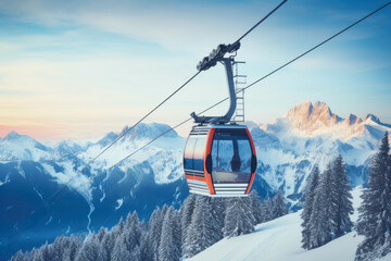 Ski lift gondola over snowy mountain landscape - obrazy, fototapety, plakaty