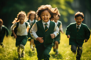 Schoolchildren are running in the park.