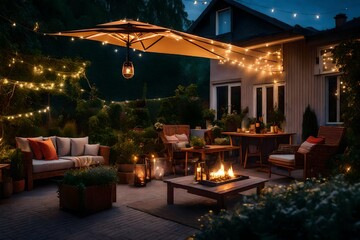 Fototapeta na wymiar Summer evening on the patio of beautiful suburban house with lights in the garden garden, digital ai 