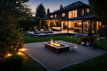Summer evening on the patio of beautiful suburban house with lights in the garden garden, digital...