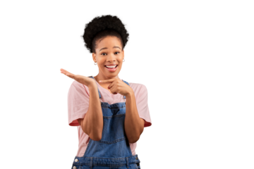 Portrait, pointing and black woman with presentation to her palm for the promotion or advertising. Smile, happy and young African female model with show gesture isolated by transparent png background