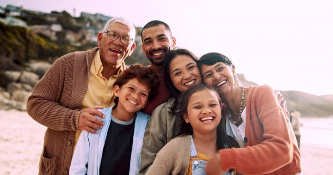 Beach, smile and face of big family hugging at sunset on vacation, holiday or weekend trip. Happy, love and portrait of kids embracing with parents and grandparents by ocean or sea on tropical island