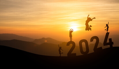 Woman jump happy new year 2024 concept, silhouette of woman jumping over barrier cliff and success...