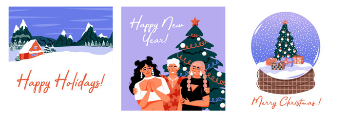 Set of winter greeting cards. Merry Christmas. Happy Holidays. Young women hugging. Friends.  Christmas tree. Snow globe. Winter landscape with mountains and house. Perfect for a postcard or poster