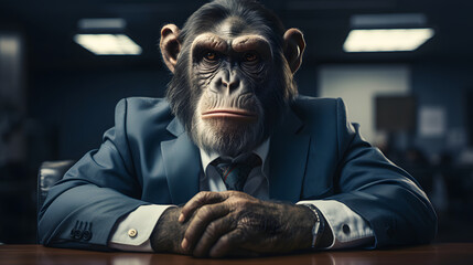 monkey businessman in a suit at an office meeting