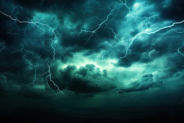 Dramatic teal night sky with storm clouds, lightning, and mystery