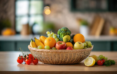 Basket of fresh fruits and vegetables on wooden kitchen table.
