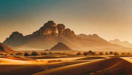 desert landscape with sunset sky background, ai generated - obrazy, fototapety, plakaty