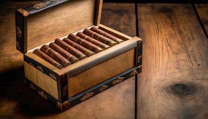 Box of Cuban cigars in a wooden box over wooden table. - obrazy, fototapety, plakaty
