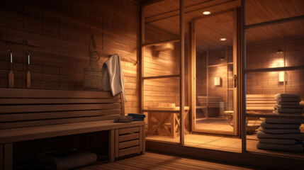Interior of Finnish sauna, classic wooden sauna with hot steam. Russian bathroom. Relax in hot sauna with steam. Wooden interior baths