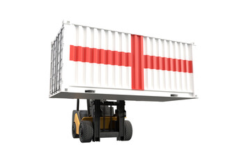Forklift truck lifting container with England flag on transparent background