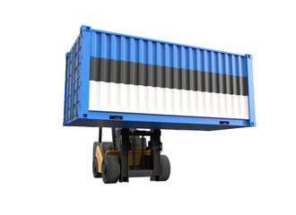 Forklift truck lifting container with Estonia flag on transparent background