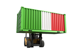 Forklift truck lifting container with Italy flag on transparent background