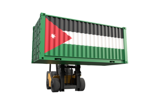 Forklift truck lifting container with Jordan flag on transparent background