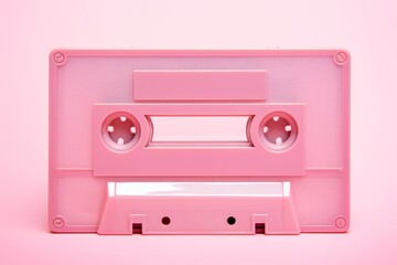 An old pink cassette on pastel pink background. Pop art inspiration. Close up shot, monochromatic light pink. Retro music 90s, 80s.