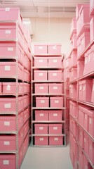 Pink boxes in the pink storage. Monochromatic light concept. Pastel pink hues.