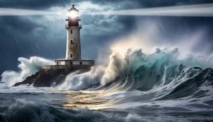 Old red and white lighthouse with light beams in the stormy sea with large waves crashing on the cliff. A guiding beacon in a sea of uncertainty. - obrazy, fototapety, plakaty