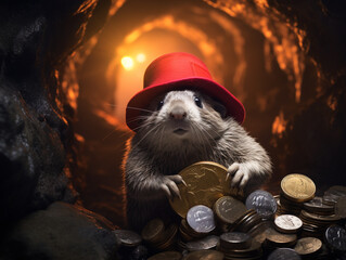A mole is intently mining bitcoins, in a cave.