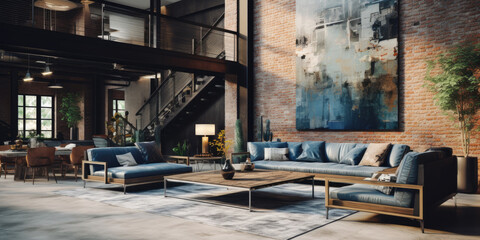 Loft style living room decor , interior design with large sofa, large abstract painting on the background of brick wall