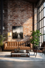 Fototapeta na wymiar Loft style living room decor , interior design with large sofa, large abstract painting on the background of brick wall
