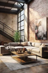 Fotobehang Loft style living room decor , interior design with large sofa, large abstract painting on the background of brick wall © Dinara