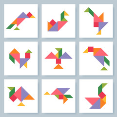 Tangram puzzle game for kids. Colorful geometric collection with isolated birds. Tangram various icons on white backdrop. Vector illustration