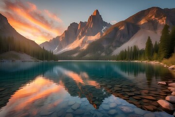 Fototapeta na wymiar A serene lake with rocky mountains scenery 