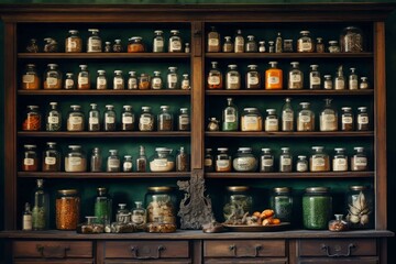 Pharmacy shelf with various ingredients. Old alchemy science pharmaceutical medicine herbs....