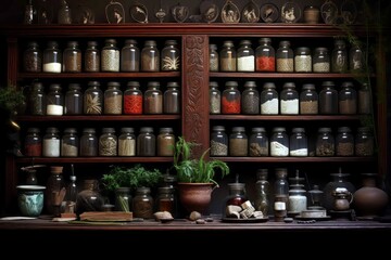 Pharmacy rack with various bottles ingredients. Antique drugstore apothecary with herbal medicine....