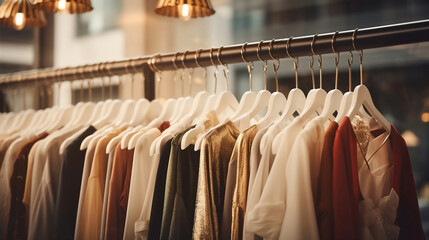 A row of clothes hanging on a rail, beige and gold tones, blurred background, luxury fashion, Generative AI