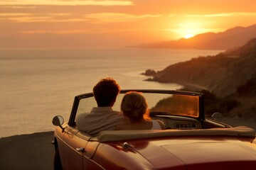 Back view happy unrecognizable couple girlfriend boyfriend together enjoying romantic dating ride road trip tour driving convertible car sunset sunlight traveling summer time holidays vacation outside - obrazy, fototapety, plakaty