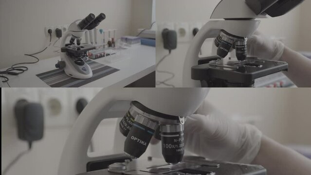 Modern microscope in the laboratory. Split Screen. Medical research. Microscope on the table. Close-up shot