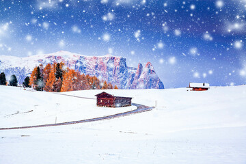 amazing winter landscape with snow at sunrise in Alpe di Siusi. Dolomites  Italy - winter holidays destination