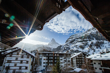 view of Matterhorn through hotel window in Zermatt