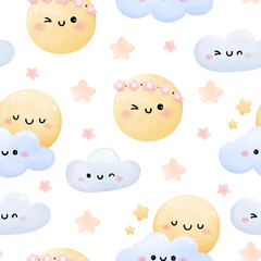 Draw seamless background funny sun cloud star Weather concept For baby shower Greeting card Clothing kids