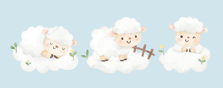 Draw little sheep on cloud For nursery birthday kids Print for invitation card Poster Template Watercolor style
