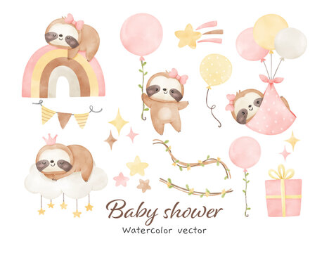 Baby shower sloth watercolor Decoration nursery birthday girl Print for invitation card Poster Template