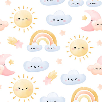 Draw seamless background cute weather Happy sun cloud star For baby shower Greeting card Clothing kids