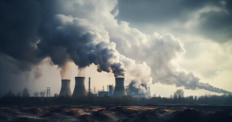 A Power plant with white smoke over it's chimneys