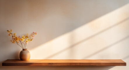 Versatile simple beige light background for presentation with a wooden shelf on the wall and a ceramic vase with wildflowers