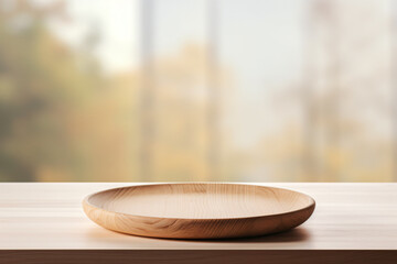 empty round wooden plate on a table, with a neutral and serene background.beige theme concept