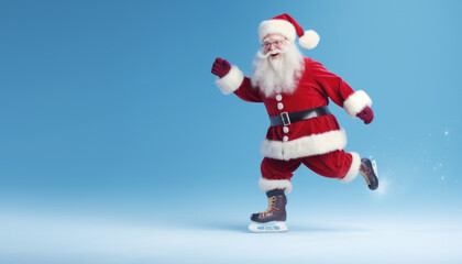 Santa Claus ice skating on a blue background