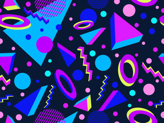 Fototapeta premium 3D geometric seamless pattern in 80s style. 3d isometric triangles, zigzags and circles. Geometric memphis style. Design for promotional products, wrapping paper and printing. Vector illustration