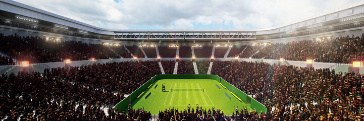 Waiting for the game. Top view of empty tennis court, arena with net, sport fans tribune with people. Open air stadium. Concept of sport, competition, game, activity, championship, match. 3D render - obrazy, fototapety, plakaty
