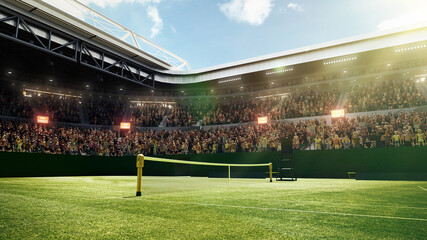 Empty tennis court with grass surface, net and sport fans sitting on tribune, waiting for game start. Open air stadium with flashlights. Sport, game, activity, championship, match concept. 3D render - obrazy, fototapety, plakaty